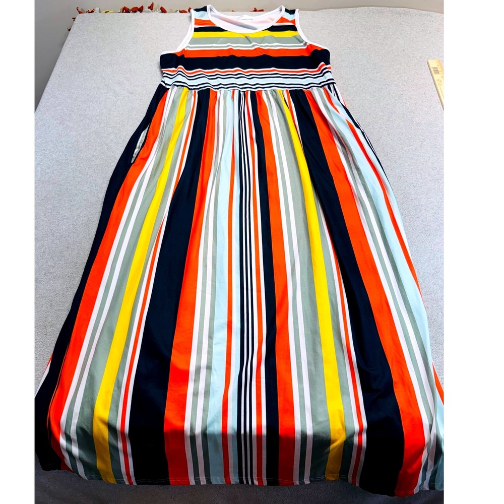 Hount Maxi Dress Women 2XL Multicolor Striped Sleeveless Empire Waist Boho Flowy